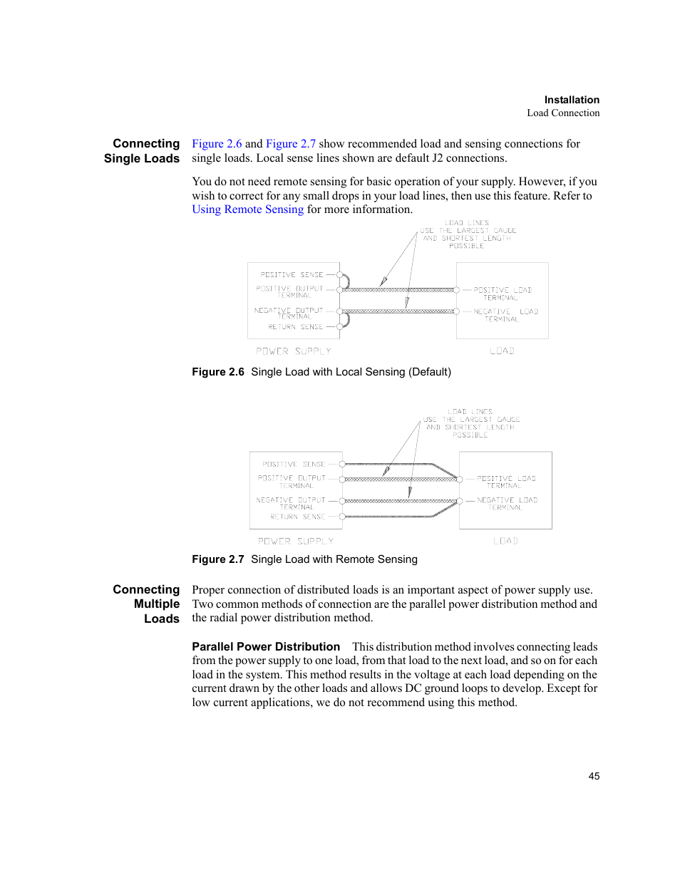 Connecting single loads, Connecting multiple loads, Parallel power distribution | AMETEK XHR 1000 Watt Series User Manual | Page 45 / 82