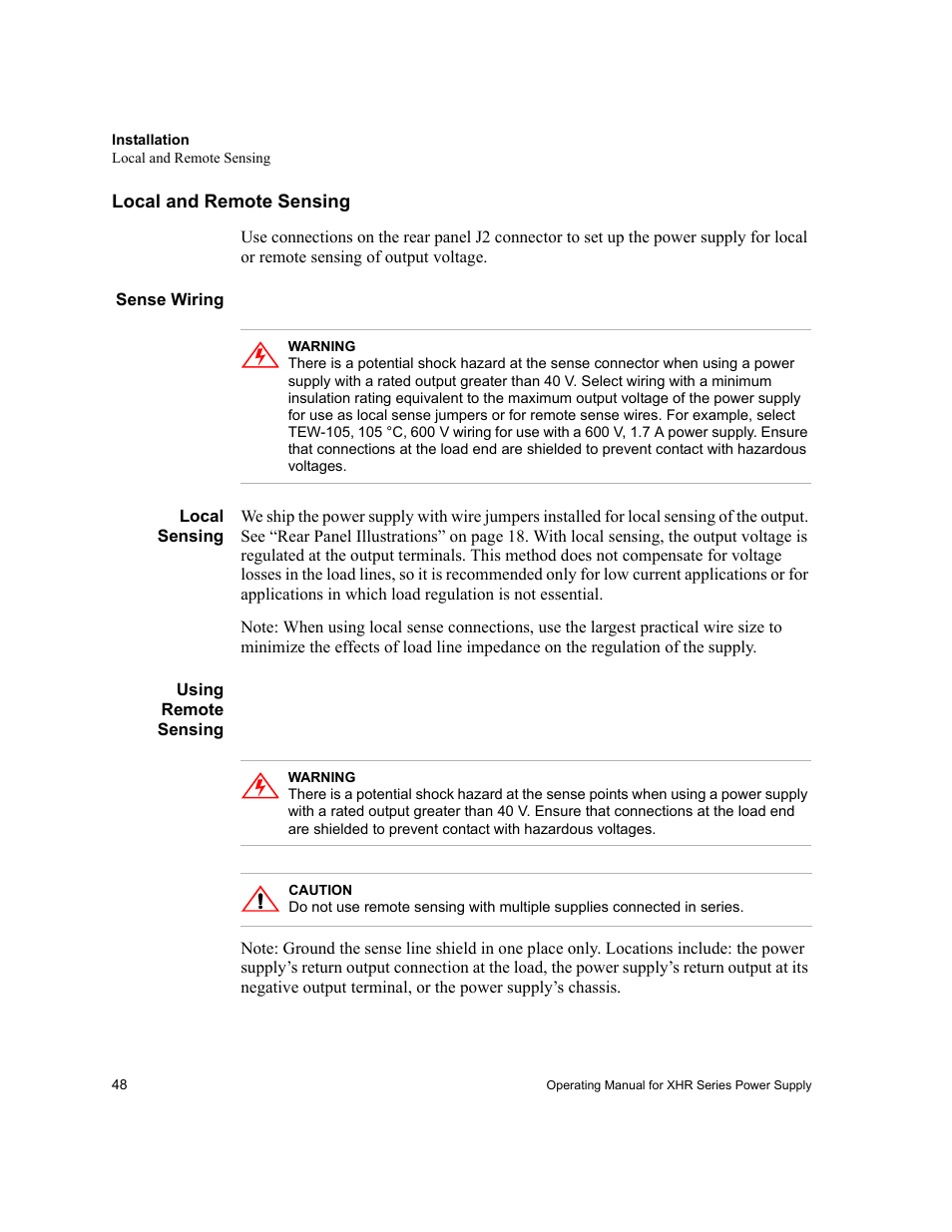 Local and remote sensing, Sense wiring, Local sensing | Using remote sensing, Local and remote, Line. see also, Using, Remote sensing | AMETEK XHR 1000 Watt Series User Manual | Page 48 / 82