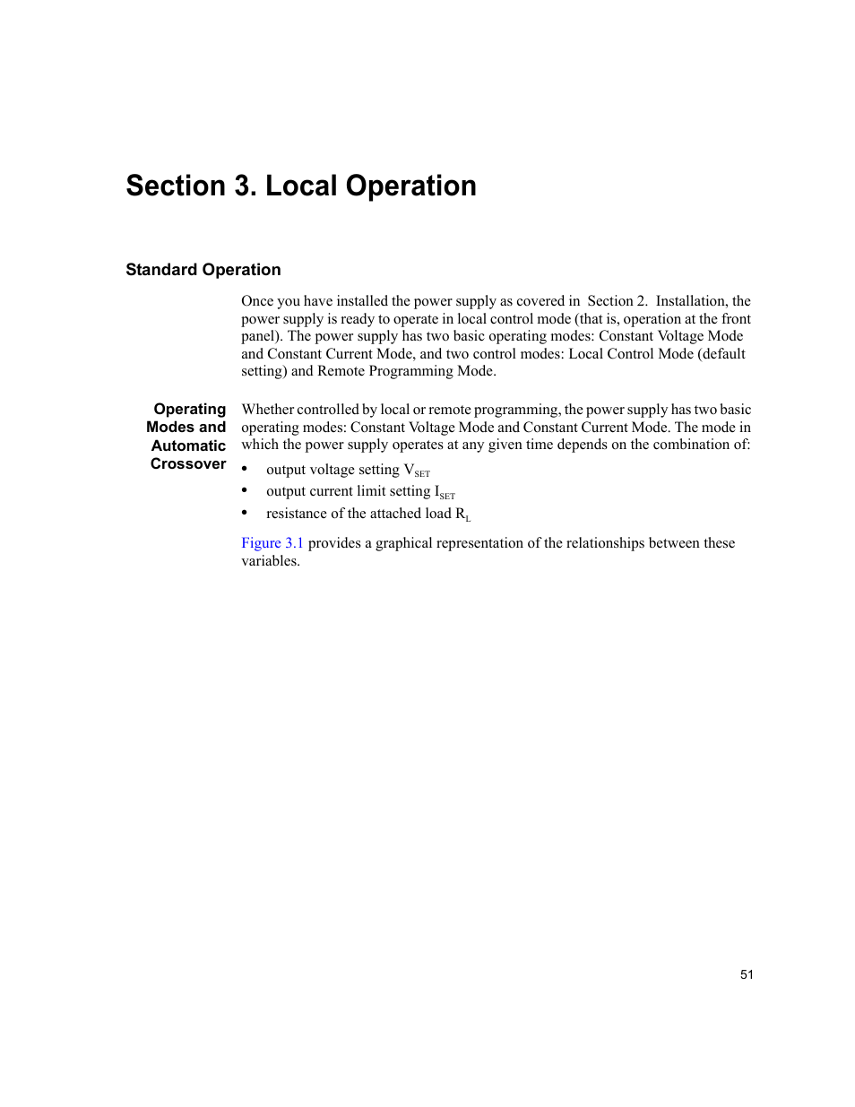 Section 3. local operation, Standard operation, Operating modes and automatic crossover | AMETEK XHR 1000 Watt Series User Manual | Page 51 / 82