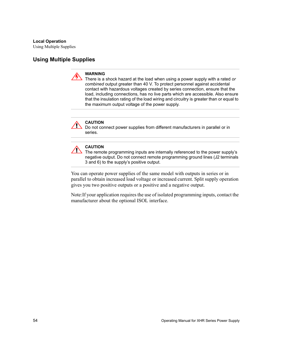 Using multiple supplies | AMETEK XHR 1000 Watt Series User Manual | Page 54 / 82