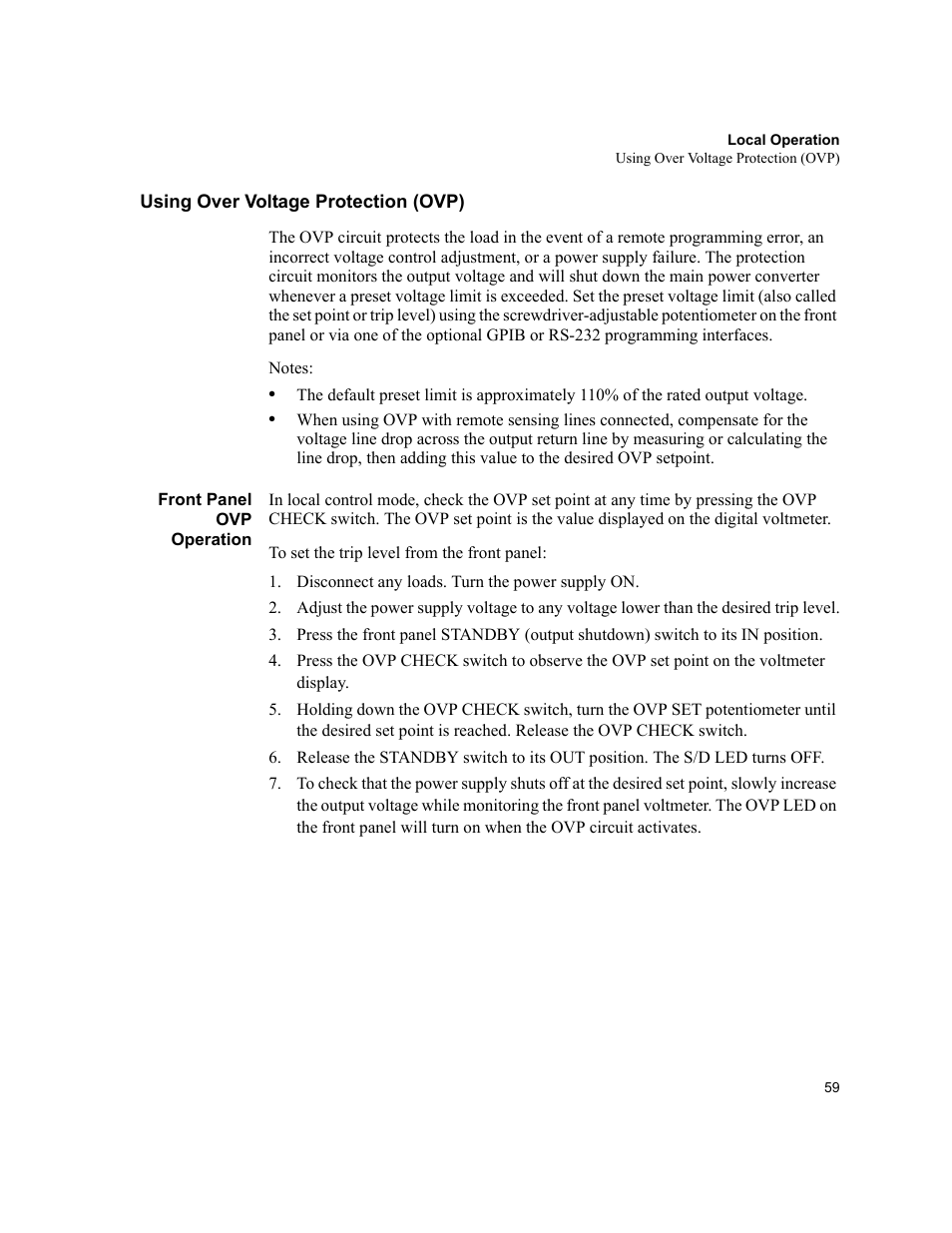 Using over voltage protection (ovp), Front panel ovp operation, Using over voltage protection | AMETEK XHR 1000 Watt Series User Manual | Page 59 / 82
