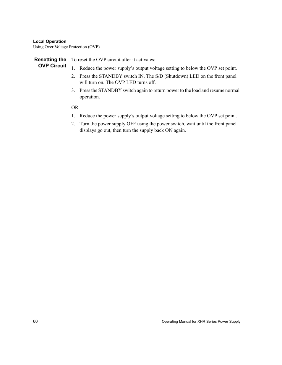 Resetting the ovp circuit | AMETEK XHR 1000 Watt Series User Manual | Page 60 / 82
