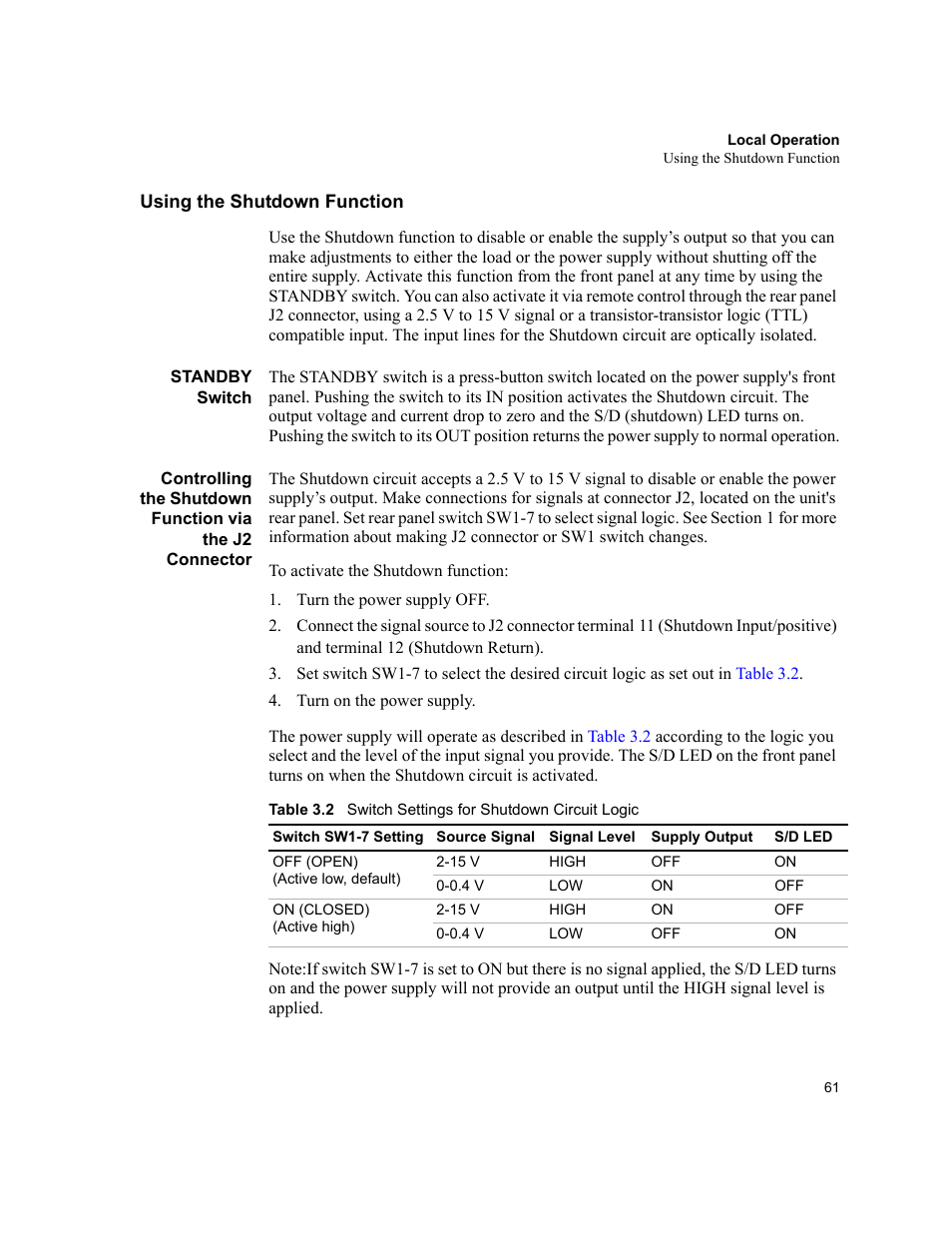 Using the shutdown function, Standby switch | AMETEK XHR 1000 Watt Series User Manual | Page 61 / 82