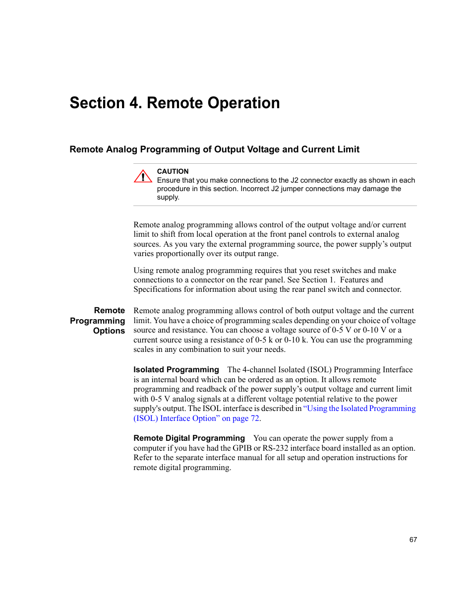 Section 4. remote operation, Remote programming options, Isolated programming | Remote digital programming | AMETEK XHR 1000 Watt Series User Manual | Page 67 / 82