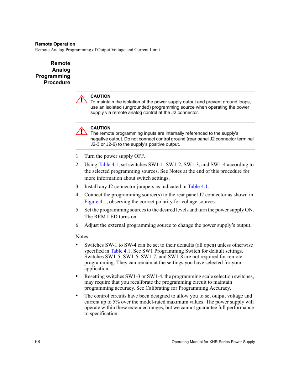 Remote analog programming procedure | AMETEK XHR 1000 Watt Series User Manual | Page 68 / 82