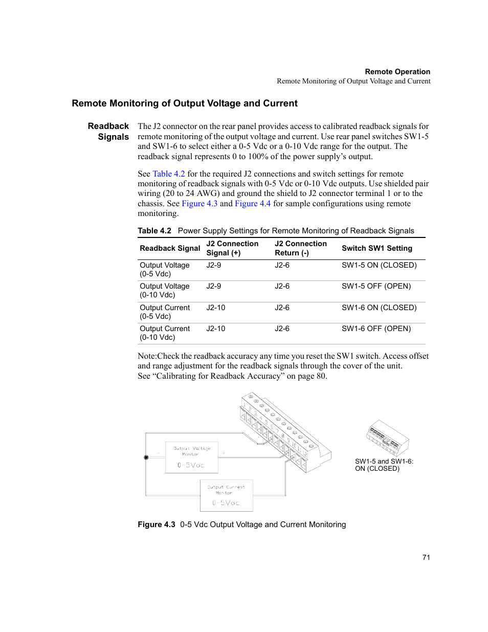 Remote monitoring of output voltage and current, Readback signals | AMETEK XHR 1000 Watt Series User Manual | Page 71 / 82