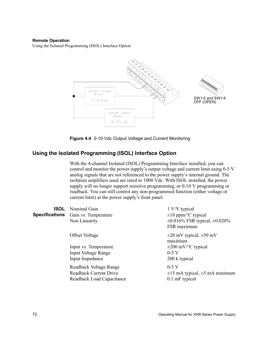 Isol specifications, Using the isolated programming, Figure 4.4 | For sample | AMETEK XHR 1000 Watt Series User Manual | Page 72 / 82