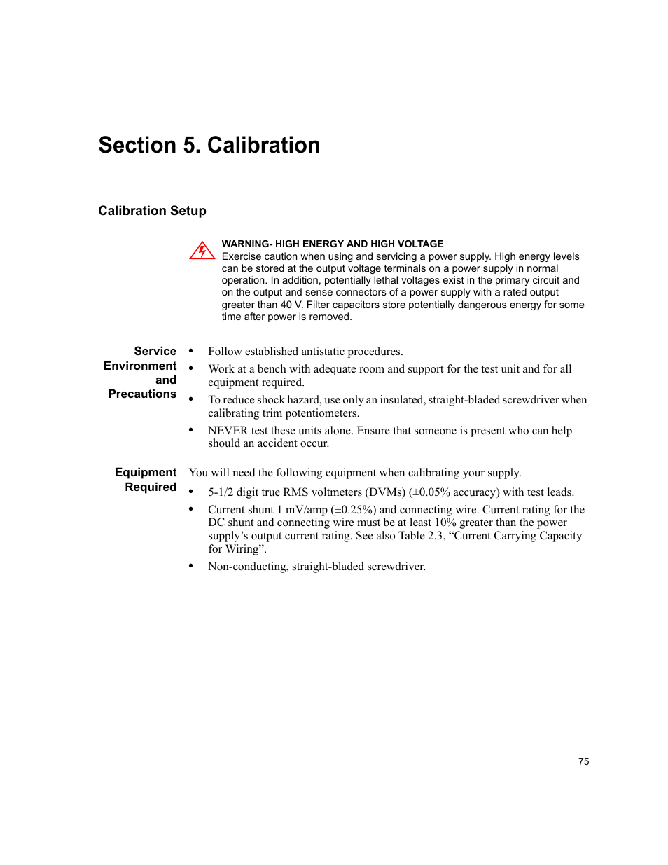 Section 5. calibration, Calibration setup, Service environment and precautions | Equipment required | AMETEK XHR 1000 Watt Series User Manual | Page 75 / 82