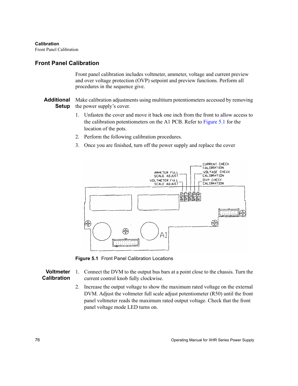 Front panel calibration, Additional setup, Voltmeter calibration | AMETEK XHR 1000 Watt Series User Manual | Page 76 / 82