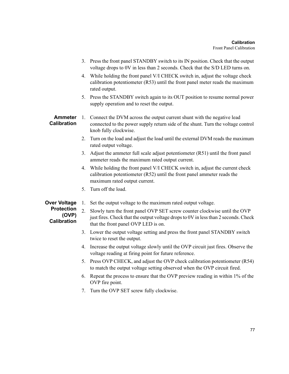 Ammeter calibration, Over voltage protection (ovp) calibration | AMETEK XHR 1000 Watt Series User Manual | Page 77 / 82