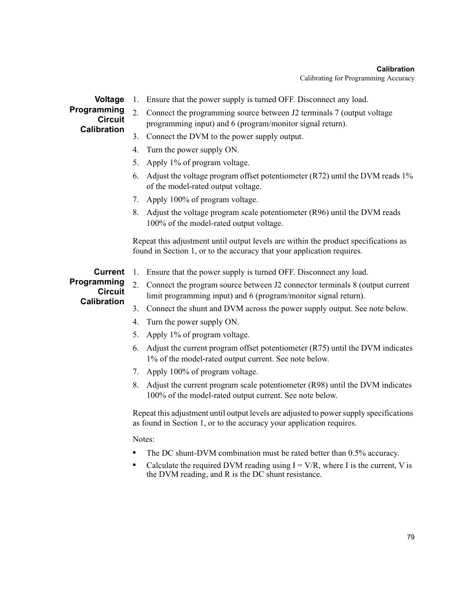 Voltage programming circuit calibration, Current programming circuit calibration | AMETEK XHR 1000 Watt Series User Manual | Page 79 / 82