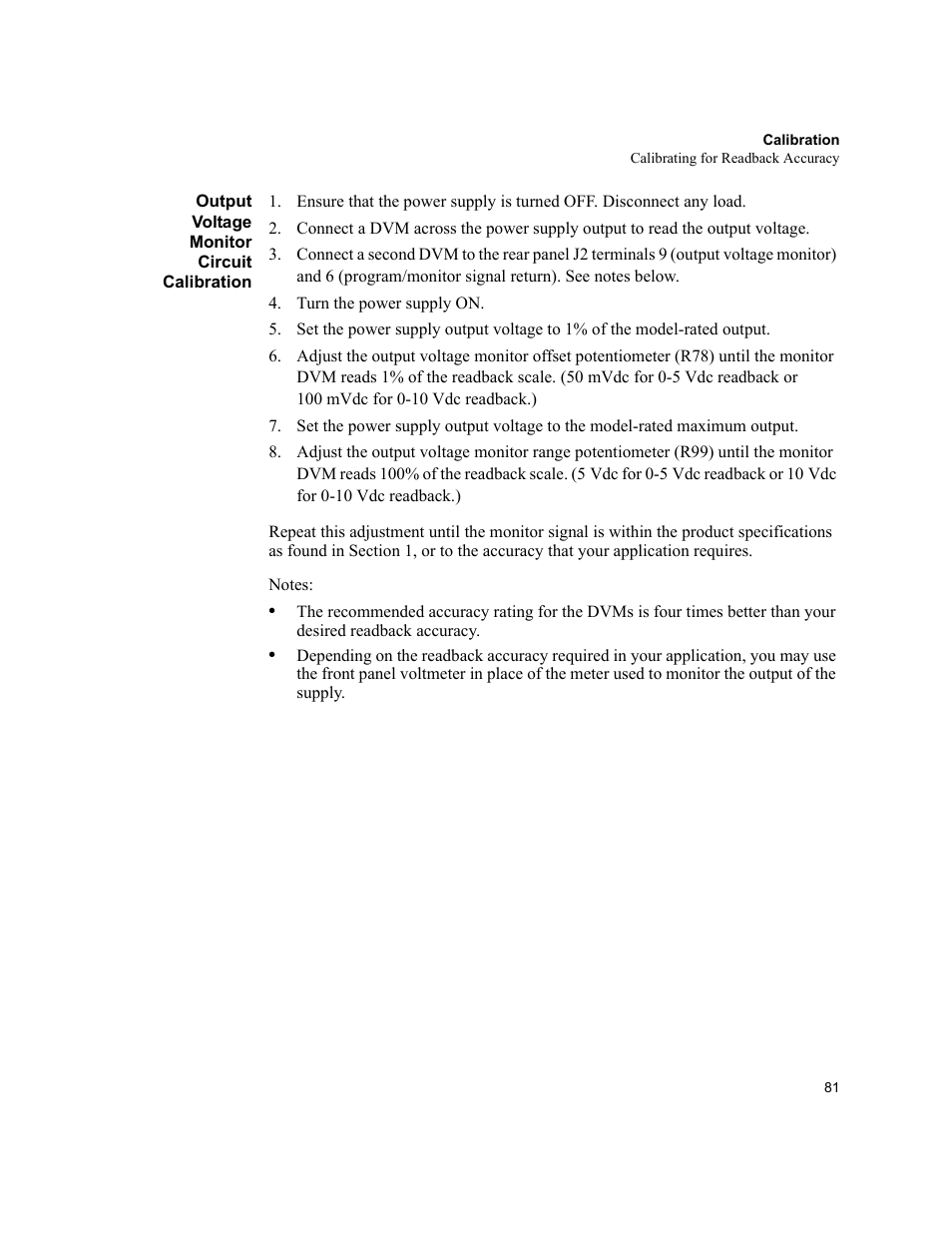 Output voltage monitor circuit calibration | AMETEK XHR 1000 Watt Series User Manual | Page 81 / 82