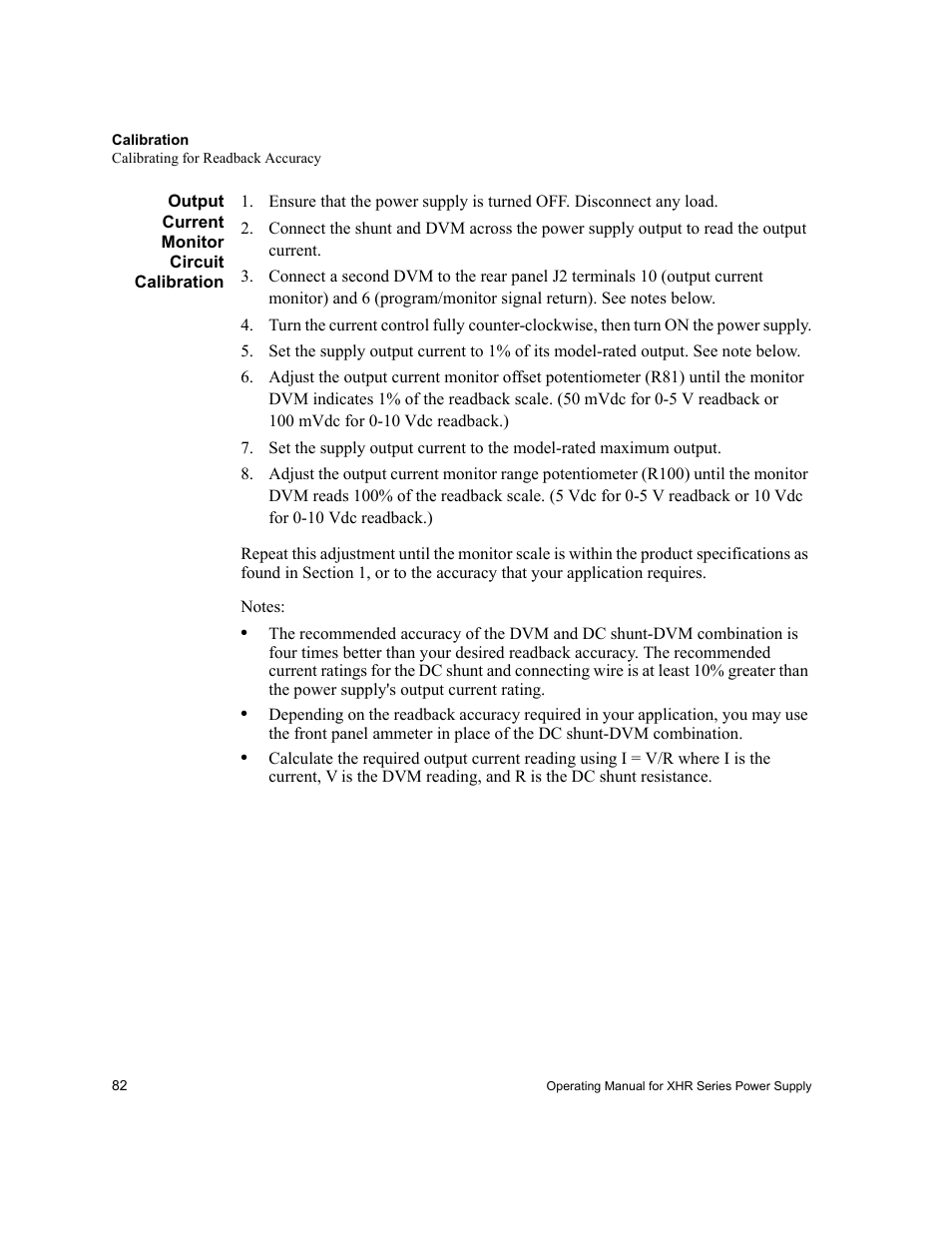 Output current monitor circuit calibration | AMETEK XHR 1000 Watt Series User Manual | Page 82 / 82
