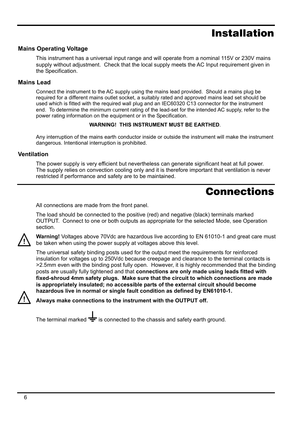 Installation, Mains operating voltage, Mains lead | Ventilation, Connections | AMETEK XPH 35-5 User Manual | Page 10 / 35