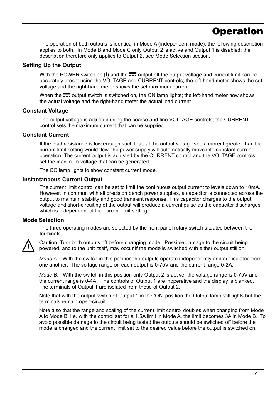 Operation, Setting up the output, Constant voltage | Constant current, Instantaneous current output, Mode selection | AMETEK XPH 35-5 User Manual | Page 11 / 35