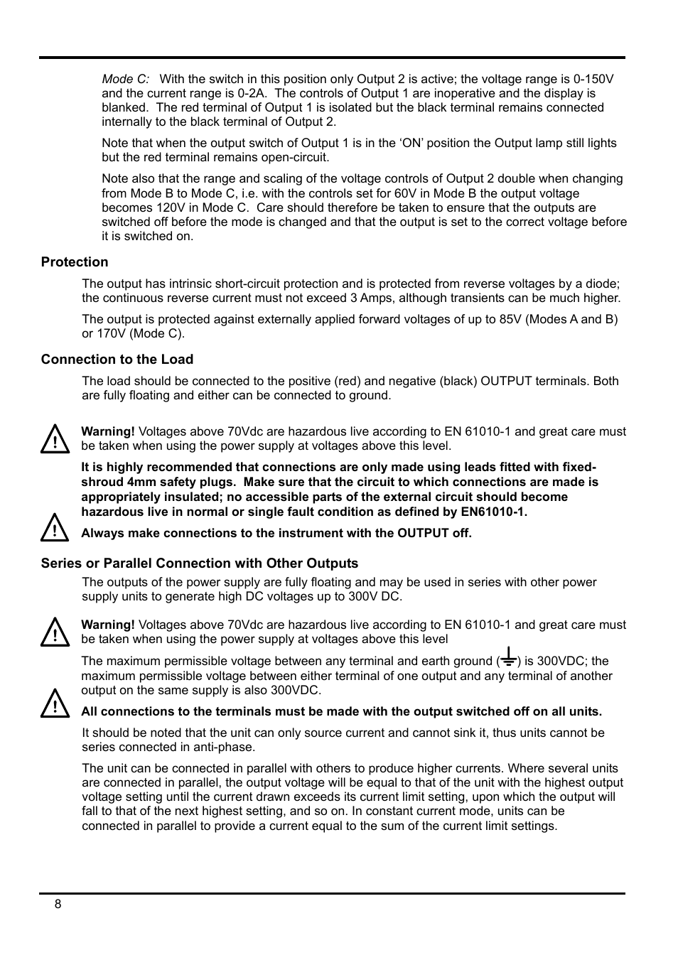 Protection, Connection to the load, Series or parallel connection with other outputs | AMETEK XPH 35-5 User Manual | Page 12 / 35