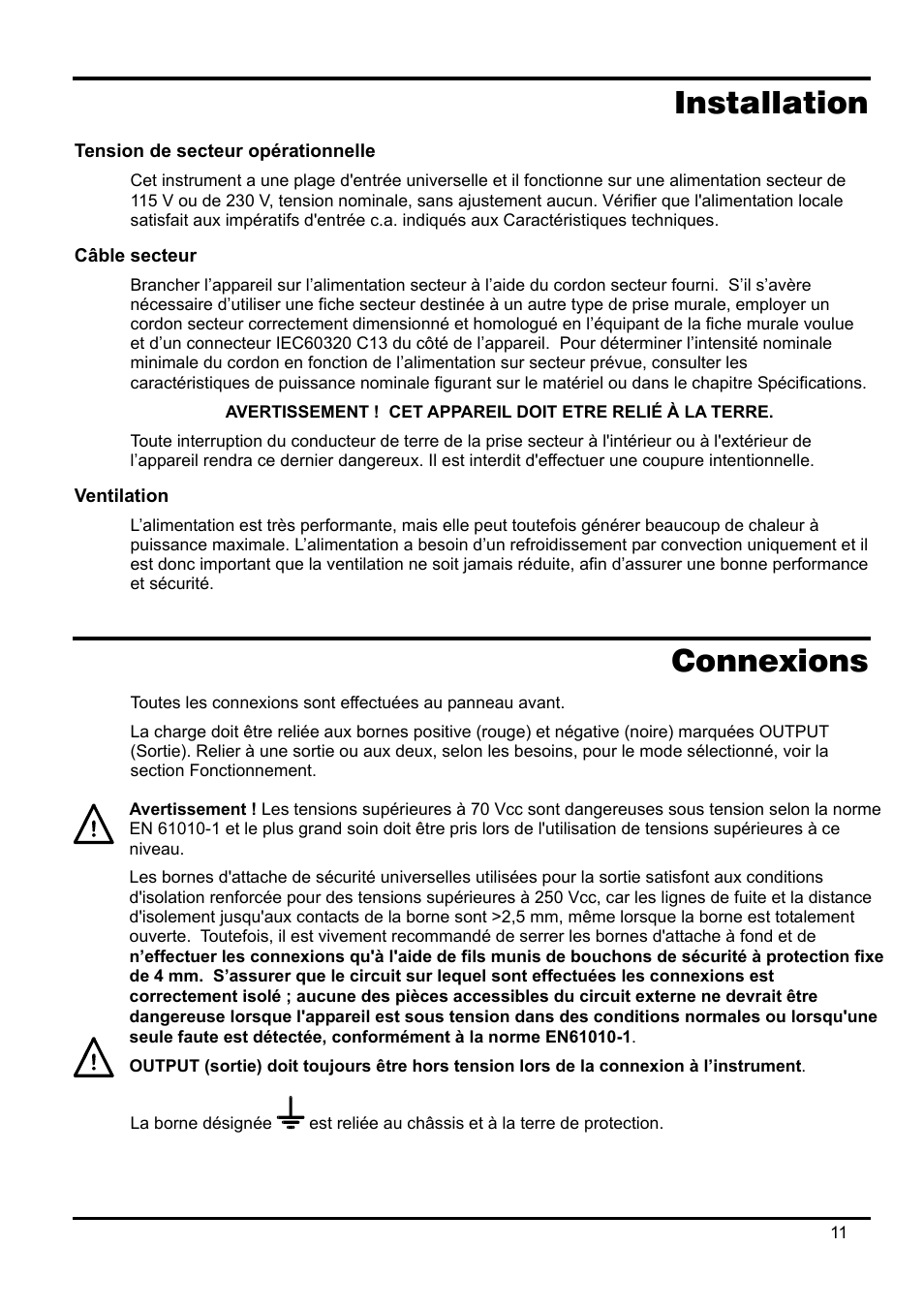 Installation, Tension de secteur opérationnelle, Câble secteur | Ventilation, Connexions | AMETEK XPH 35-5 User Manual | Page 15 / 35