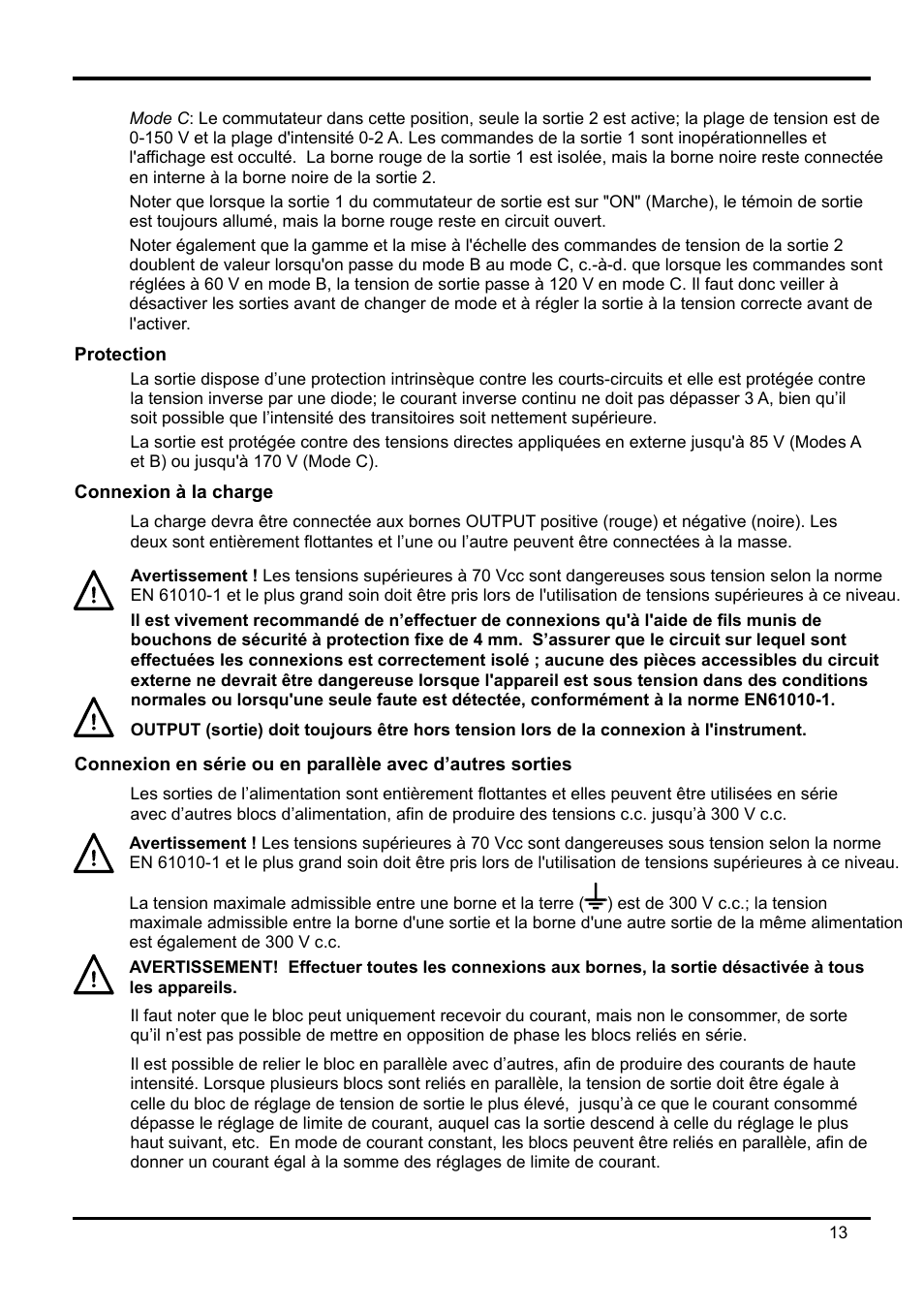 Mode c: le commutateur dans cette position, seule, Protection, Connexion à la charge | Connexion en série ou en parallèle avec d’autres | AMETEK XPH 35-5 User Manual | Page 17 / 35