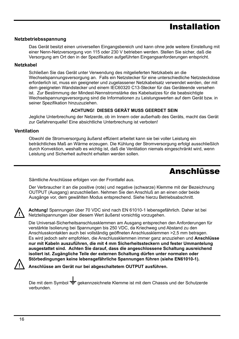 Installation, Netzbetriebsspannung, Netzkabel | Ventilation, Anschlüsse | AMETEK XPH 35-5 User Manual | Page 20 / 35