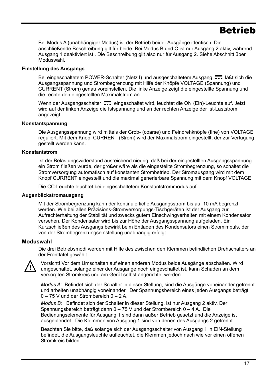 Betrieb, Konstantspannung, Moduswahl | Vorsicht! vor dem umschalten auf einen anderen mo, Modus a: befindet sich der schalter in dieser st, Modus b: befindet sich der schalter in dieser s | AMETEK XPH 35-5 User Manual | Page 21 / 35