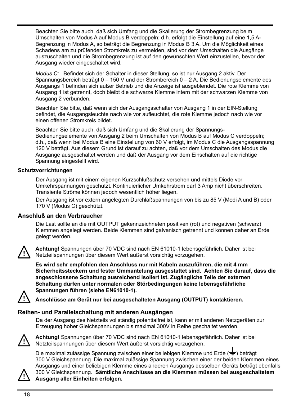 Modus c: befindet sich der schalter in dieser s, Anschluß an den verbraucher, Reihen- und parallelschaltung mit anderen ausgän | AMETEK XPH 35-5 User Manual | Page 22 / 35