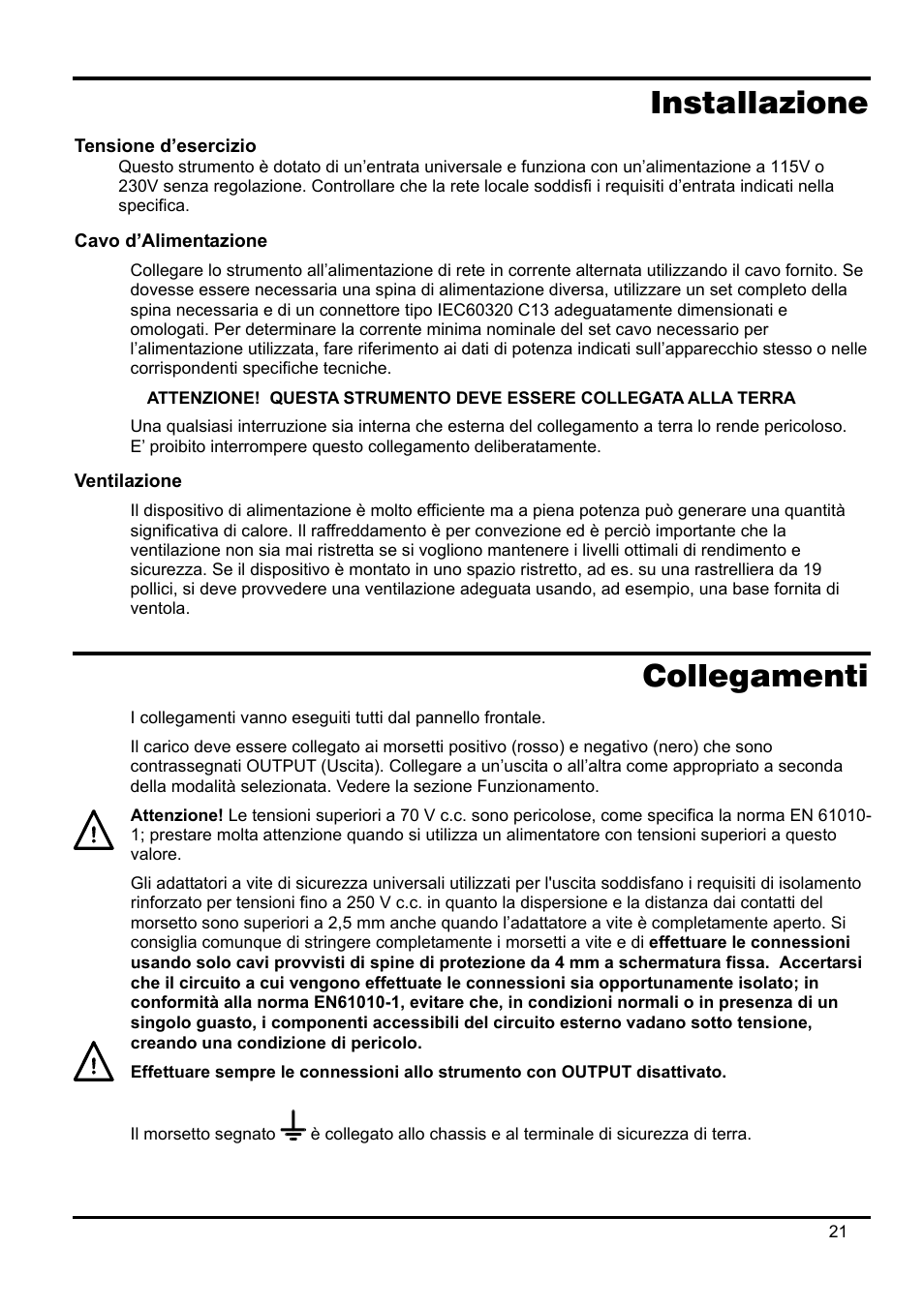 Installazione, Cavo d’alimentazione, Ventilazione | Collegamenti | AMETEK XPH 35-5 User Manual | Page 25 / 35