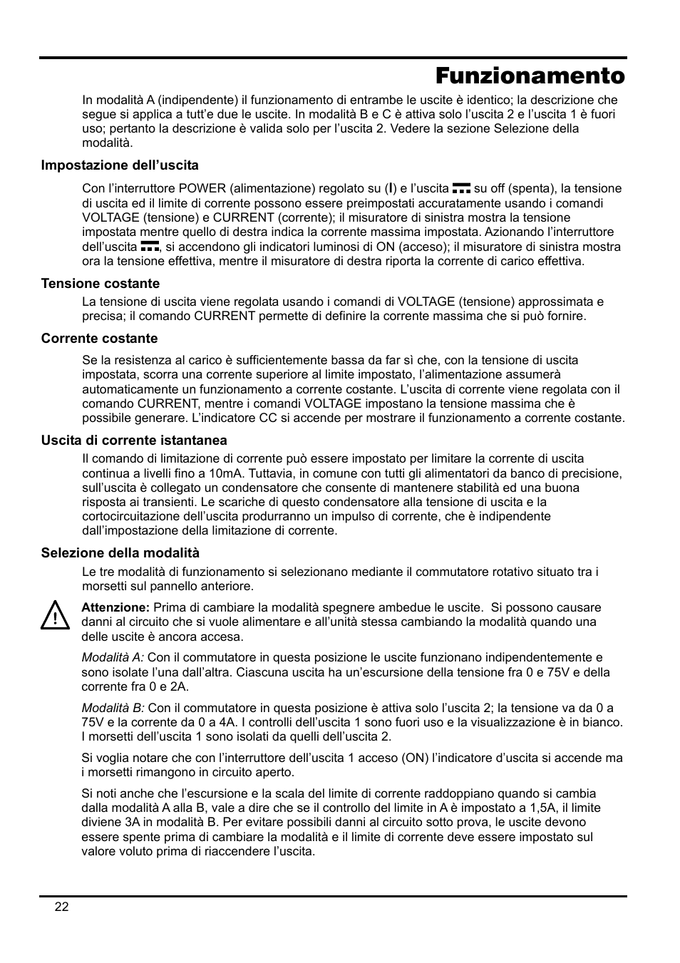 Funzionamento, Impostazione dell’uscita, Tensione costante | Corrente costante, Uscita di corrente istantanea, Selezione della modalità | AMETEK XPH 35-5 User Manual | Page 26 / 35