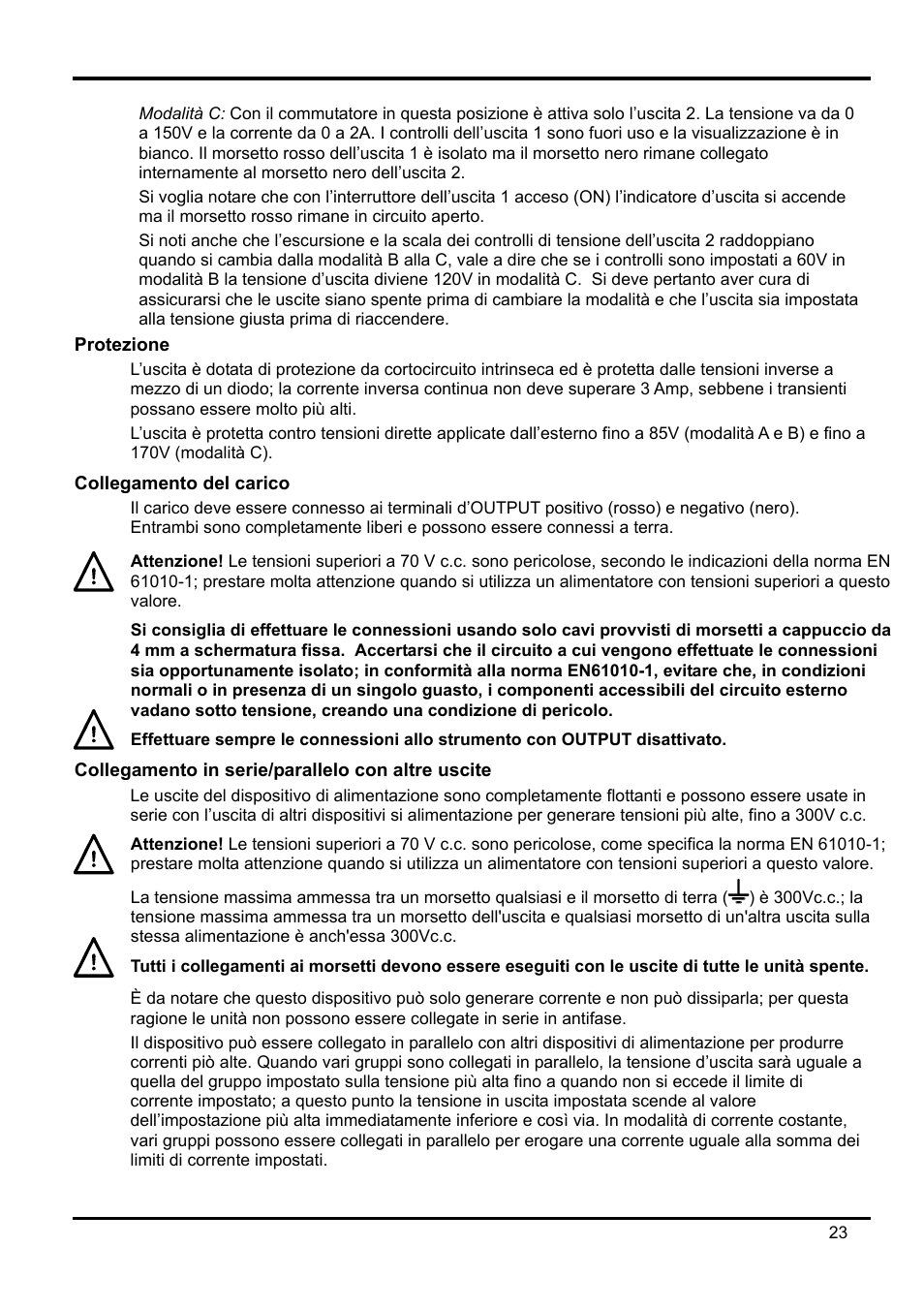 Protezione, Collegamento del carico, Collegamento in serie/parallelo con altre uscite | AMETEK XPH 35-5 User Manual | Page 27 / 35