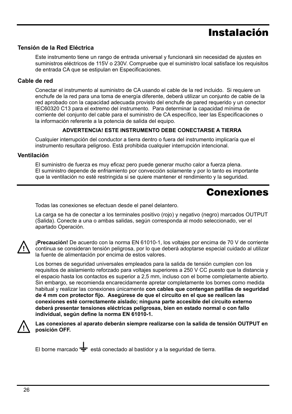 Instalación, Tensión de la red eléctrica, Cable de red | Ventilación, Conexiones | AMETEK XPH 35-5 User Manual | Page 30 / 35