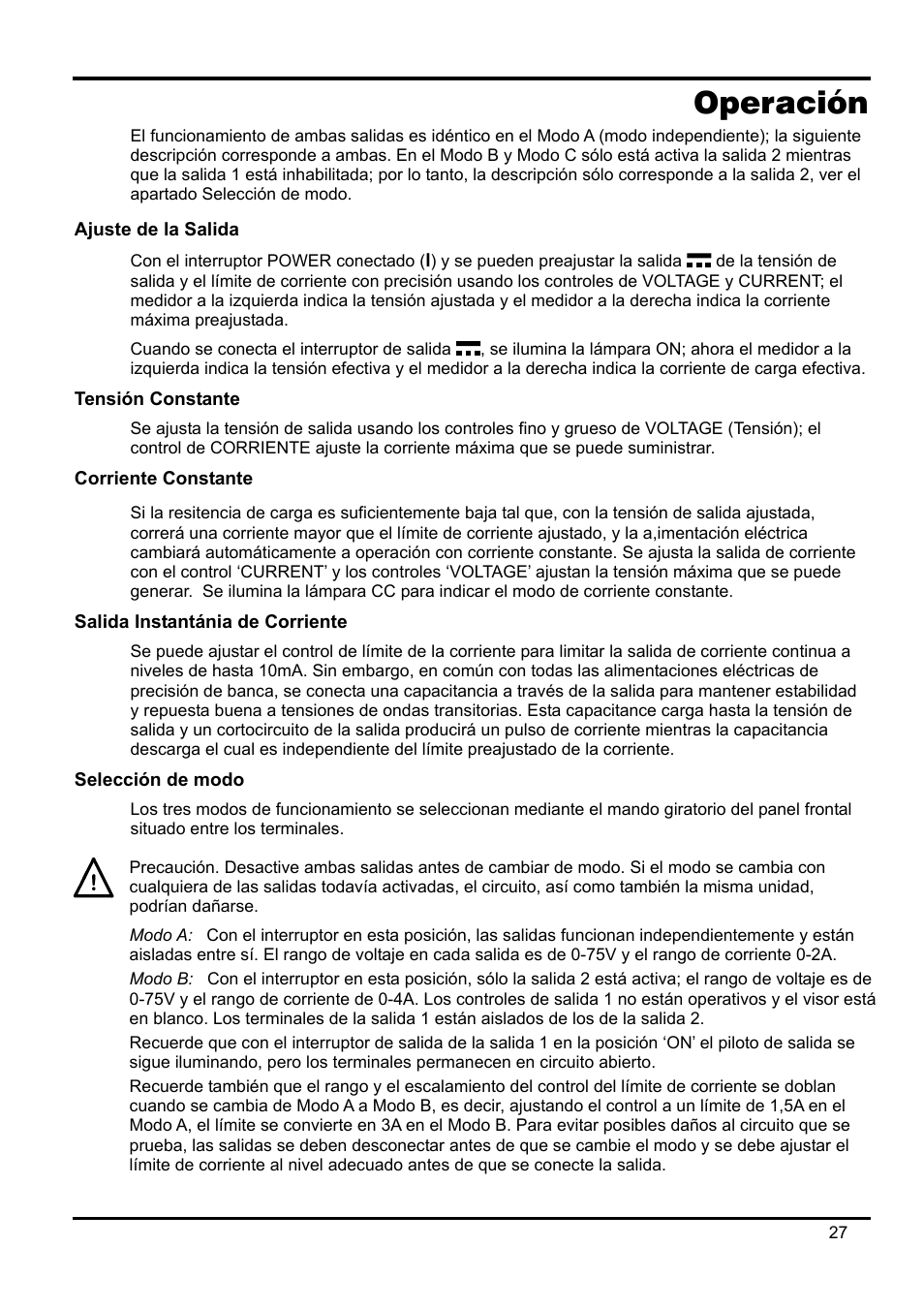 Operación, Ajuste de la salida, Tensión constante | Corriente constante, Salida instantánia de corriente, Selección de modo, Precaución. desactive ambas salidas antes de cam, Modo a: con el interruptor en esta posición, l, Modo b: con el interruptor en esta posición, s | AMETEK XPH 35-5 User Manual | Page 31 / 35