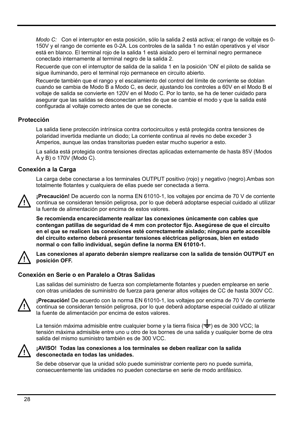 Modo c: con el interruptor en esta posición, s, Protección, Conexión a la carga | Conexión en serie o en paralelo a otras salidas | AMETEK XPH 35-5 User Manual | Page 32 / 35