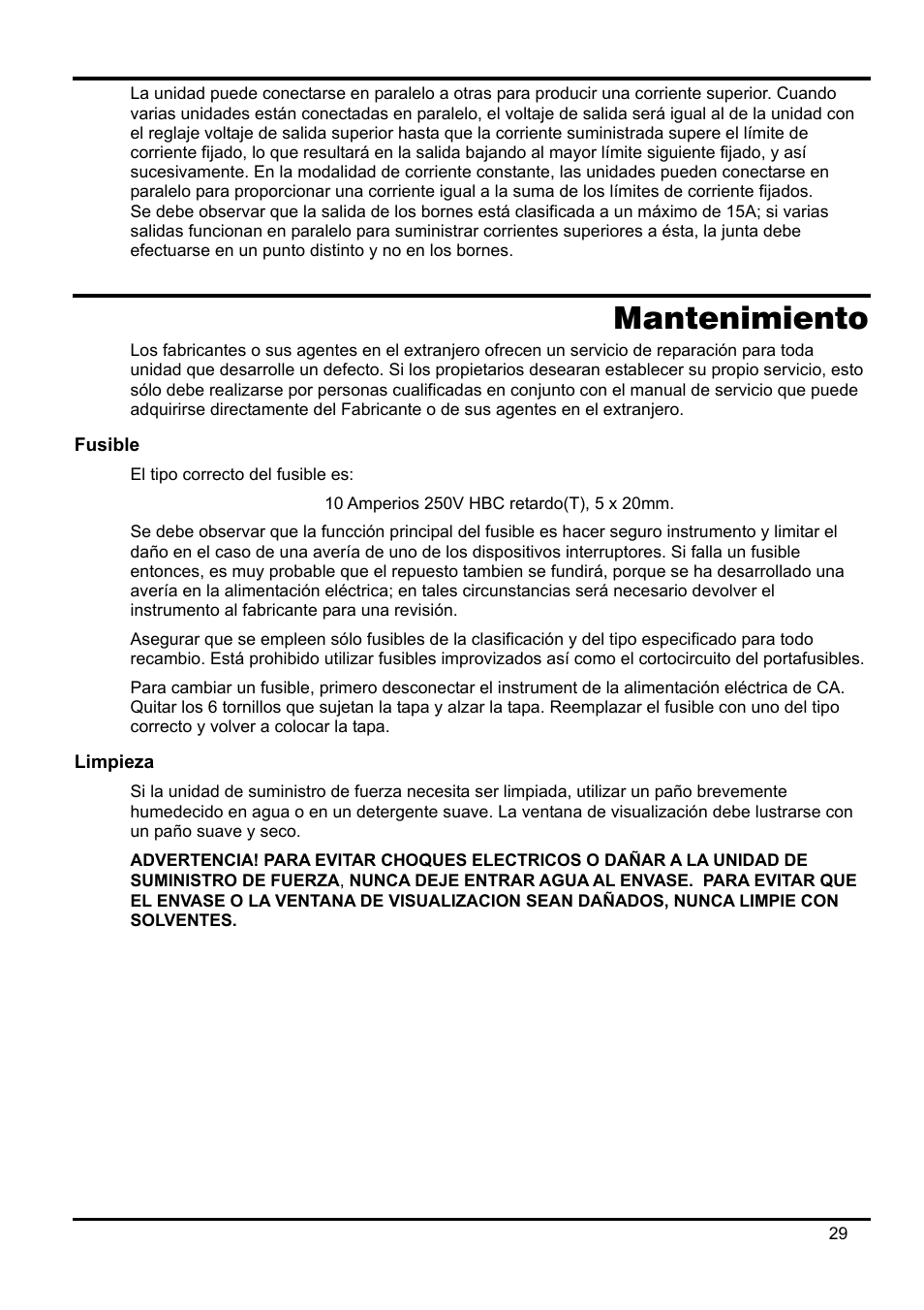 Mantenimiento, Fusible, Limpieza | AMETEK XPH 35-5 User Manual | Page 33 / 35