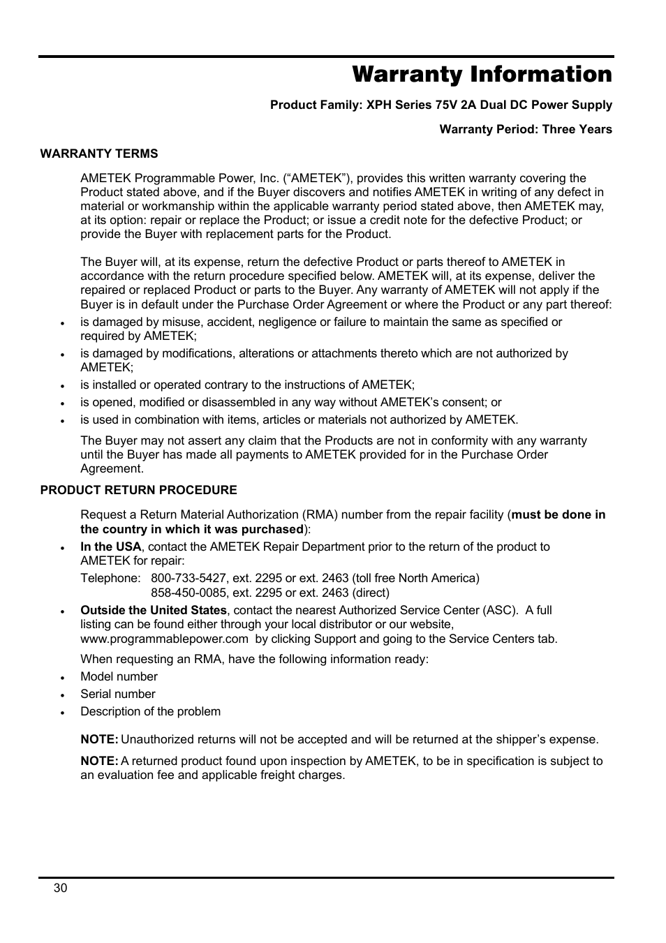 Warranty information | AMETEK XPH 35-5 User Manual | Page 34 / 35