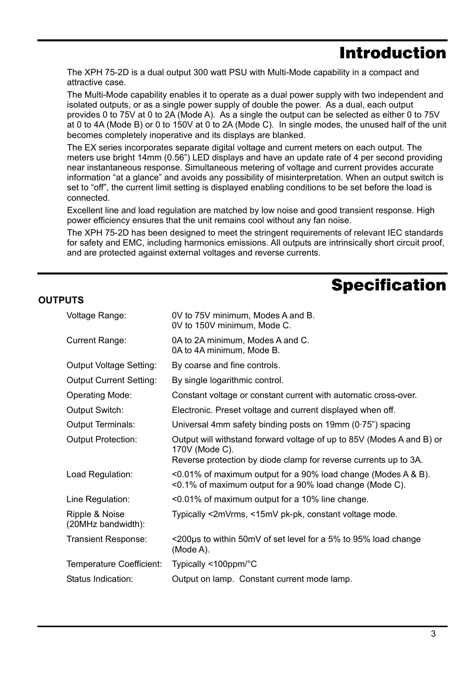 Introduction, Specification, Outputs | AMETEK XPH 35-5 User Manual | Page 7 / 35