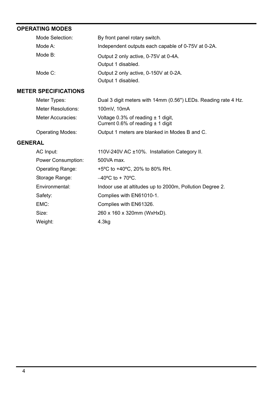 Operating modes, Meter specifications, General | AMETEK XPH 35-5 User Manual | Page 8 / 35