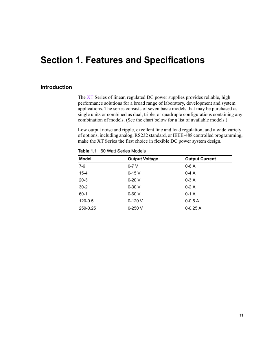 Section 1. features and specifications, Introduction | AMETEK XT Series User Manual | Page 13 / 38