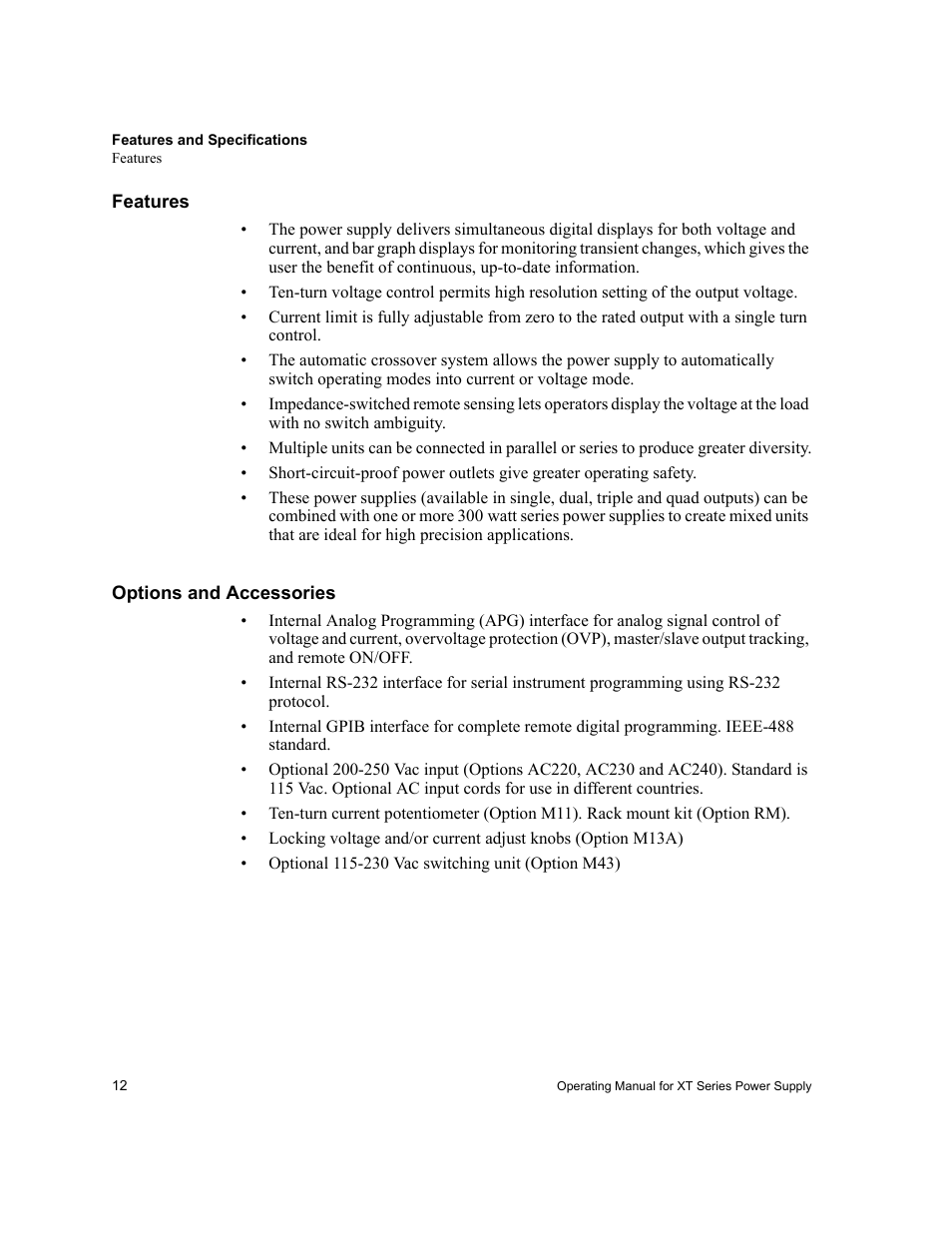 Features, Options and accessories | AMETEK XT Series User Manual | Page 14 / 38