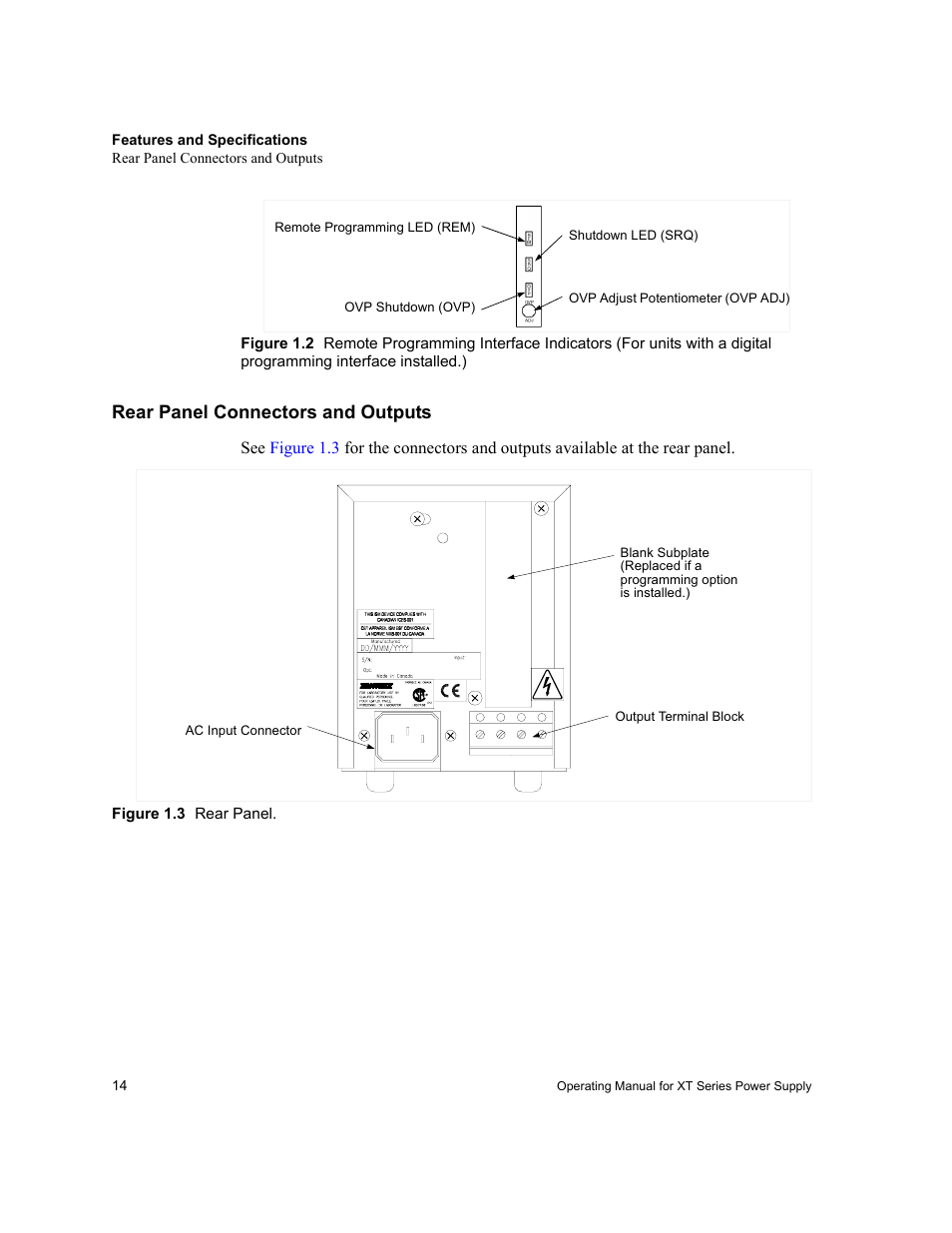 Rear panel connectors and outputs, Figure 1.3 rear panel, Figure 1.2 | AMETEK XT Series User Manual | Page 16 / 38