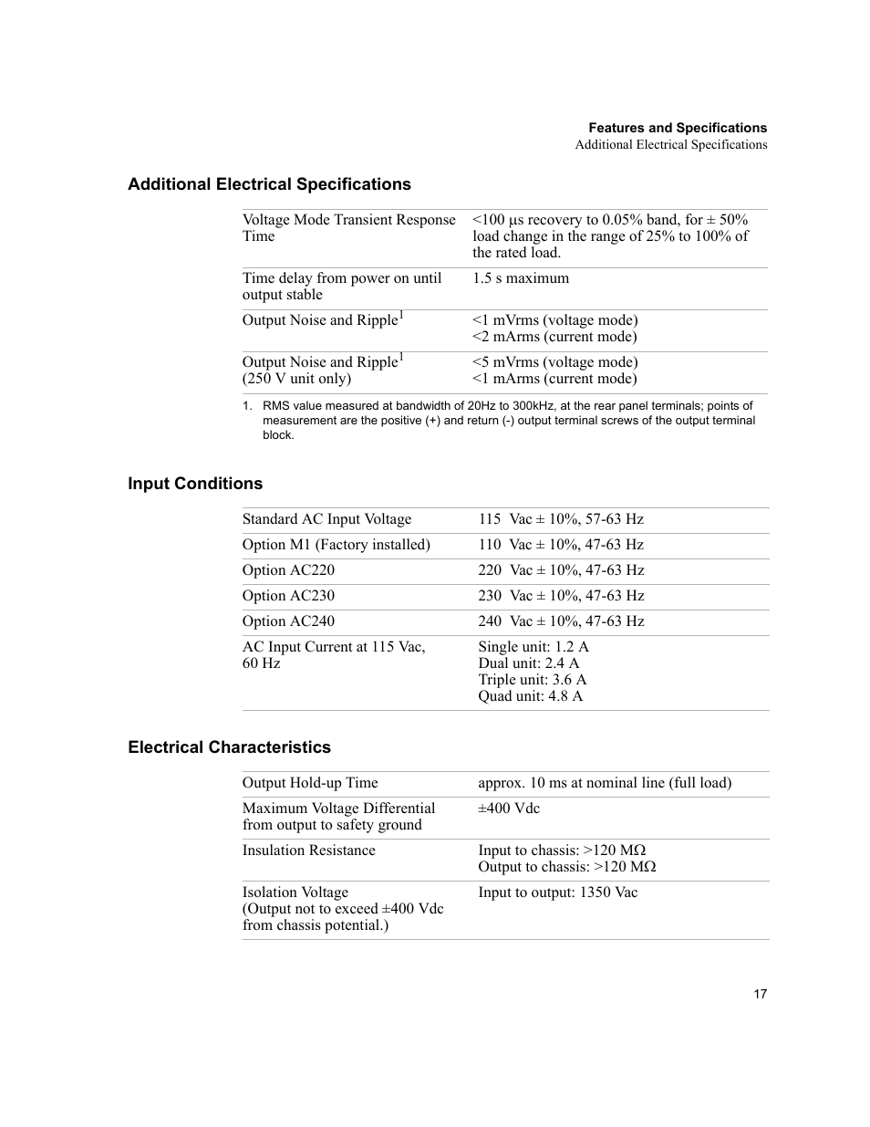 Additional electrical specifications, Input conditions, Electrical characteristics | AMETEK XT Series User Manual | Page 19 / 38