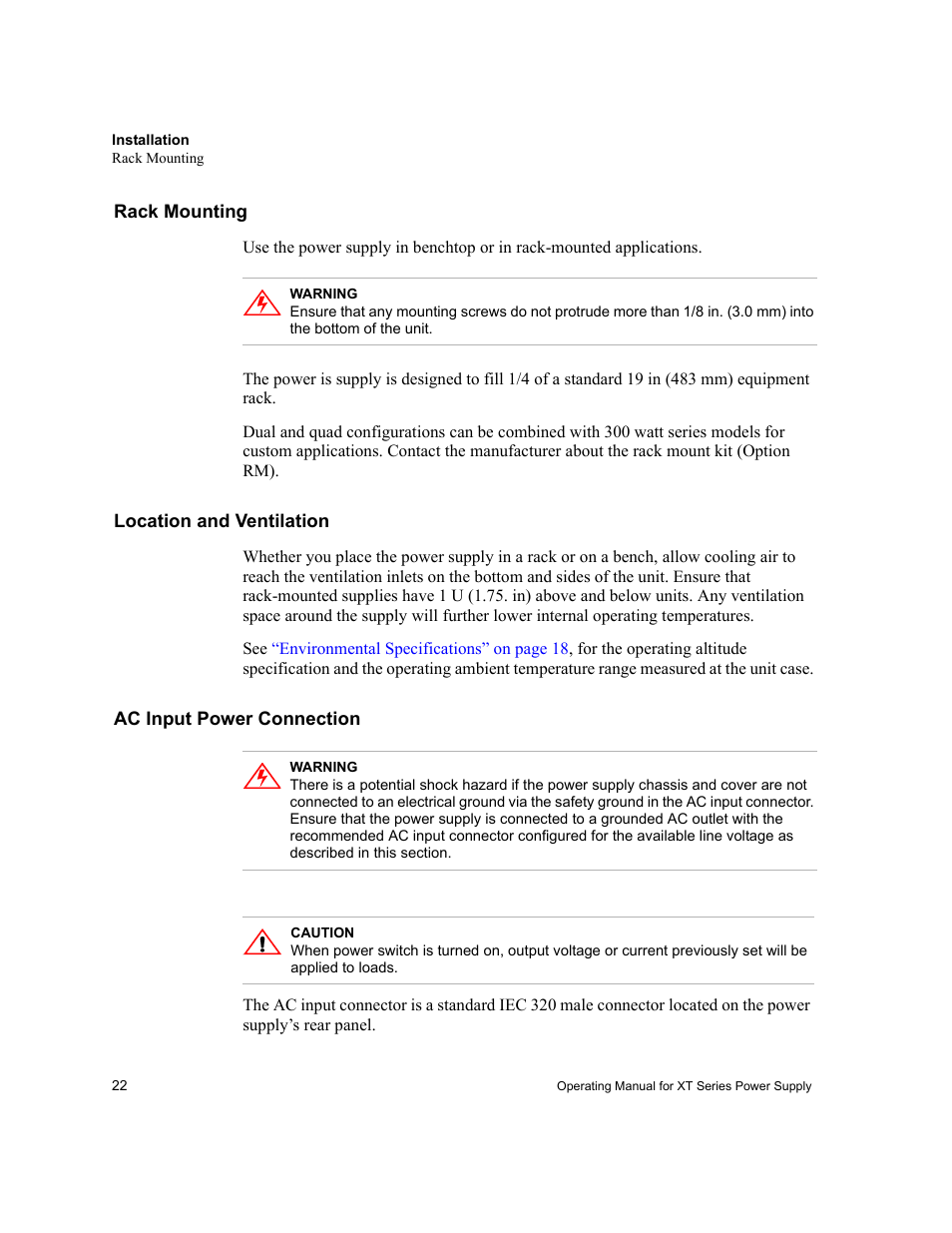 Rack mounting, Location and ventilation, Ac input power connection | Location and ventilation” on | AMETEK XT Series User Manual | Page 24 / 38