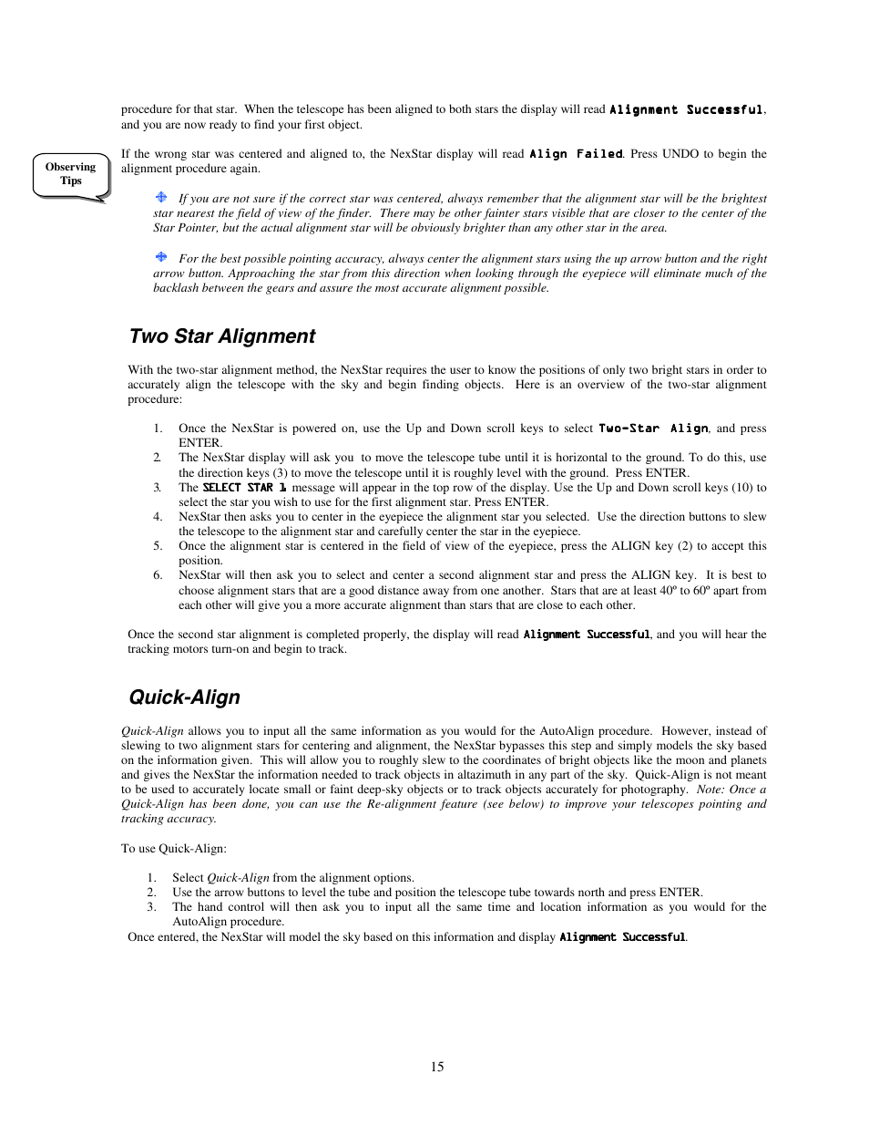 Two star alignment, Quick-align | Celestron NEXSTAR 4 User Manual | Page 15 / 50