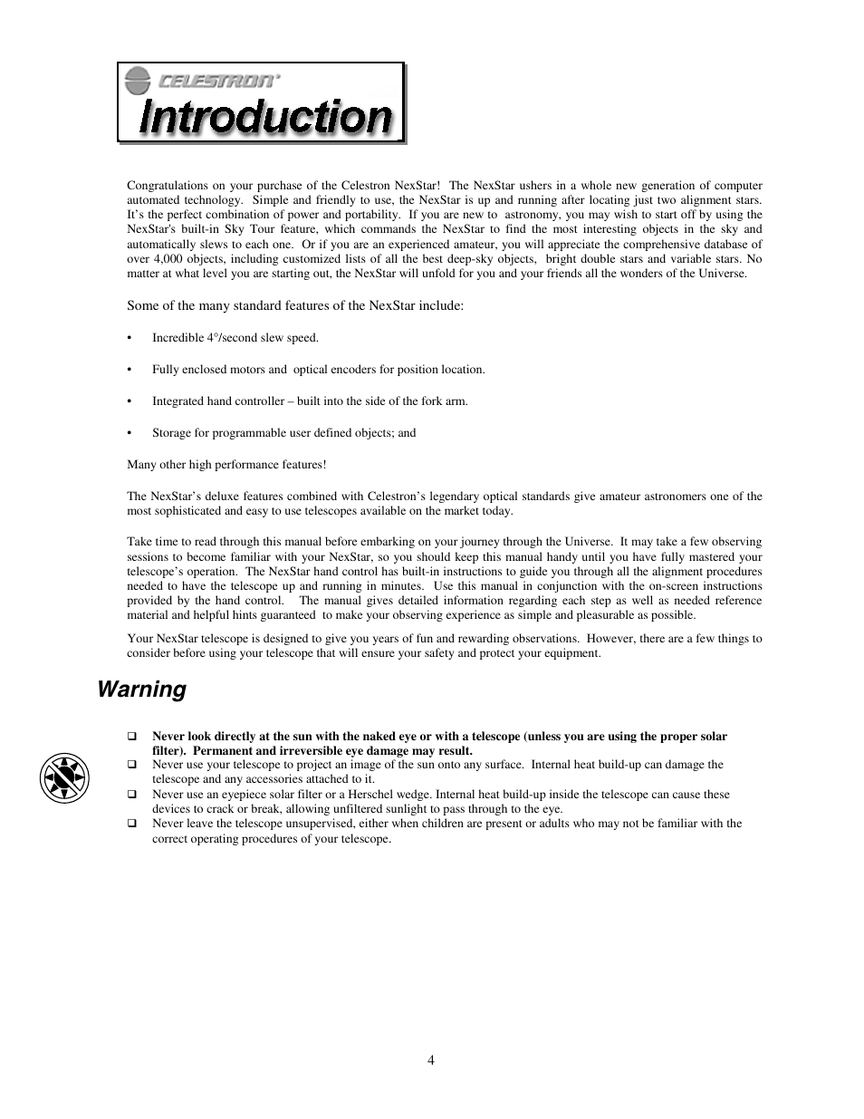 Warning | Celestron NEXSTAR 4 User Manual | Page 4 / 50