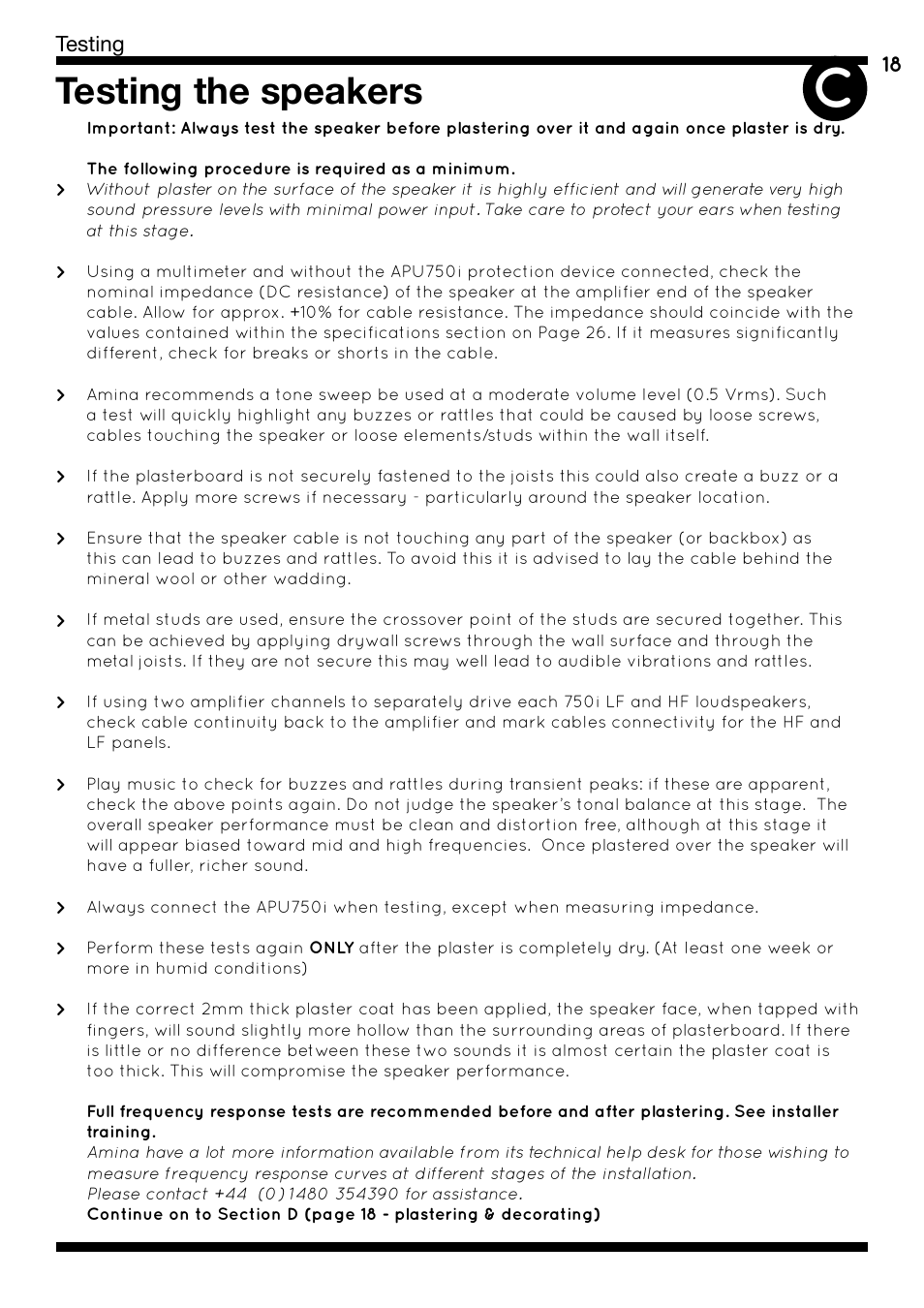 Testing the speakers | Amina AIW750i User Manual | Page 22 / 36