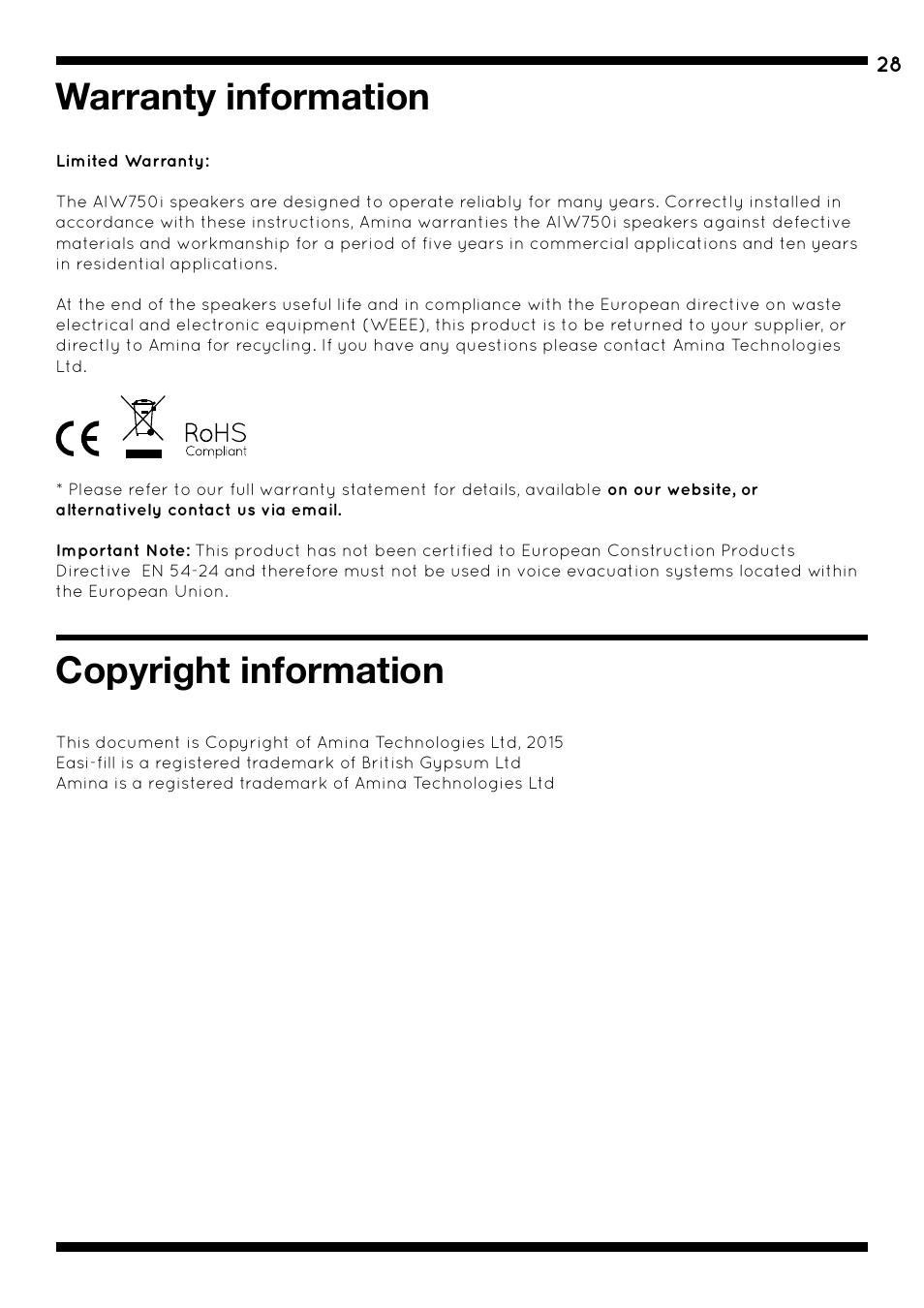 Warranty information, Copyright information | Amina AIW750i User Manual | Page 32 / 36