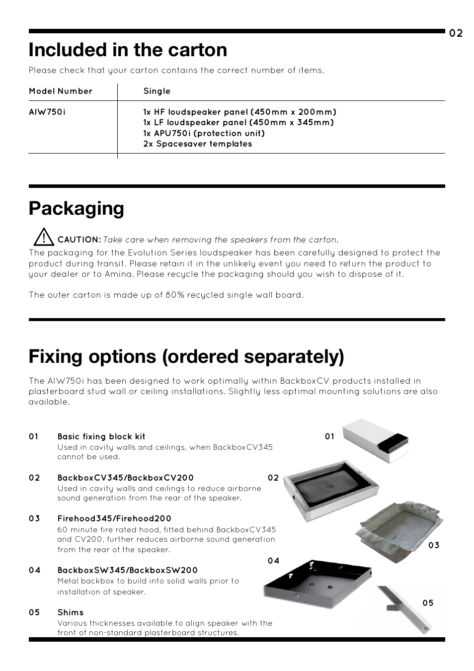 Included in the carton, Packaging, Fixing options (ordered separately) | Amina AIW750i User Manual | Page 6 / 36