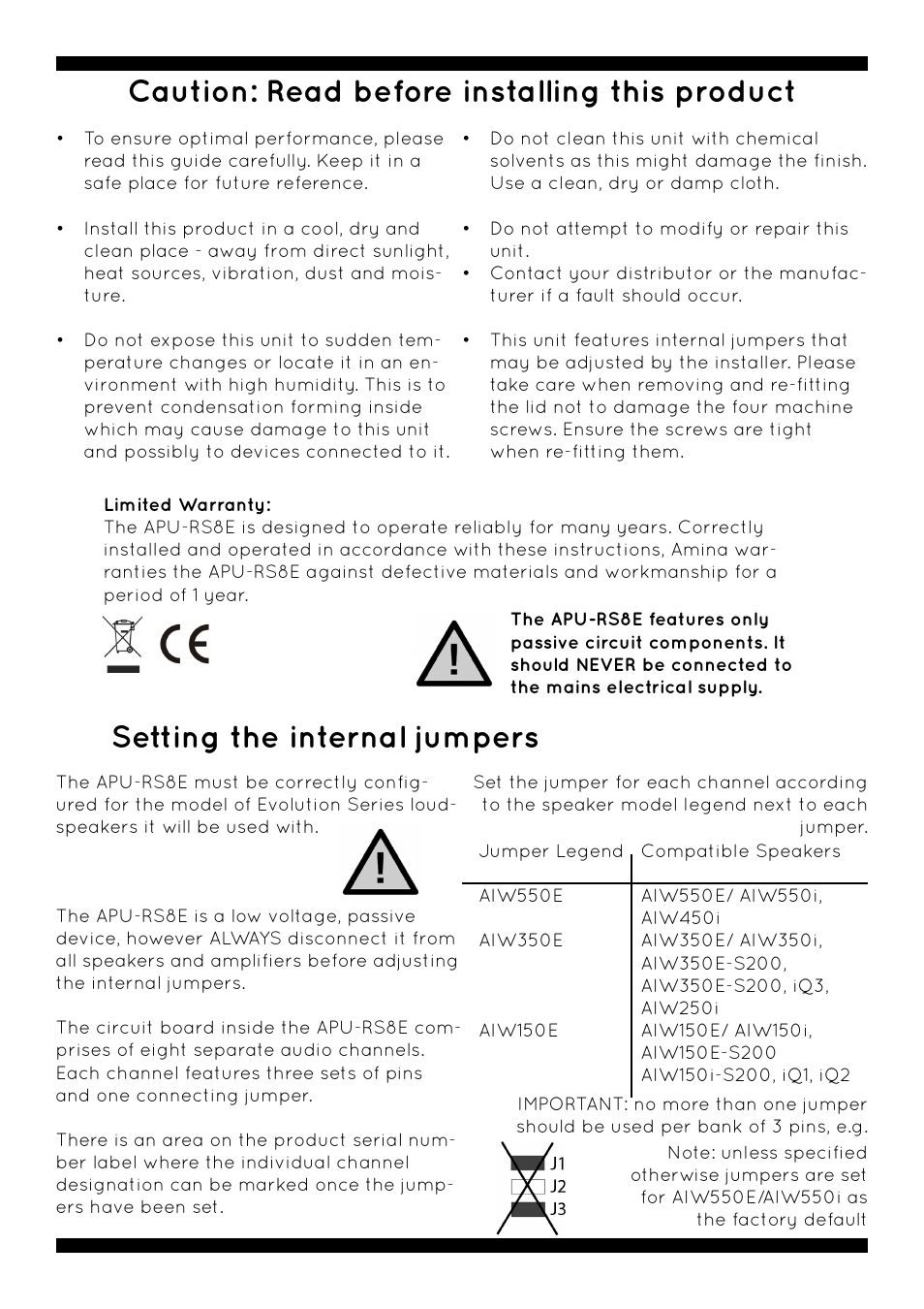 Caution: read before installing this product, Setting the internal jumpers | Amina APU-RS8E User Manual | Page 2 / 7