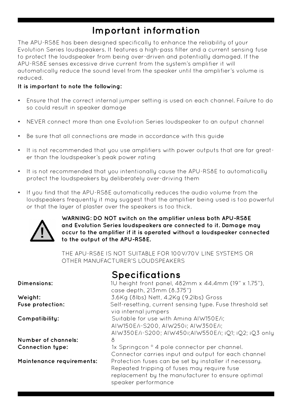 Important information, Specifications | Amina APU-RS8E User Manual | Page 6 / 7