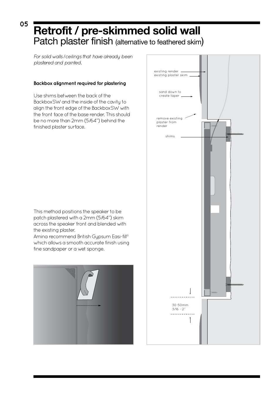 Retrofit / pre-skimmed solid wall, Patch plaster finish, Alternative to feathered skim | Amina BackboxSW345 V1.4 User Manual | Page 8 / 12