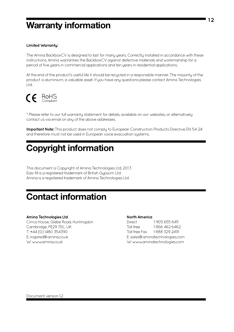 Copyright information warranty information, Contact information | Amina BackboxCV345 V1.2 User Manual | Page 15 / 16