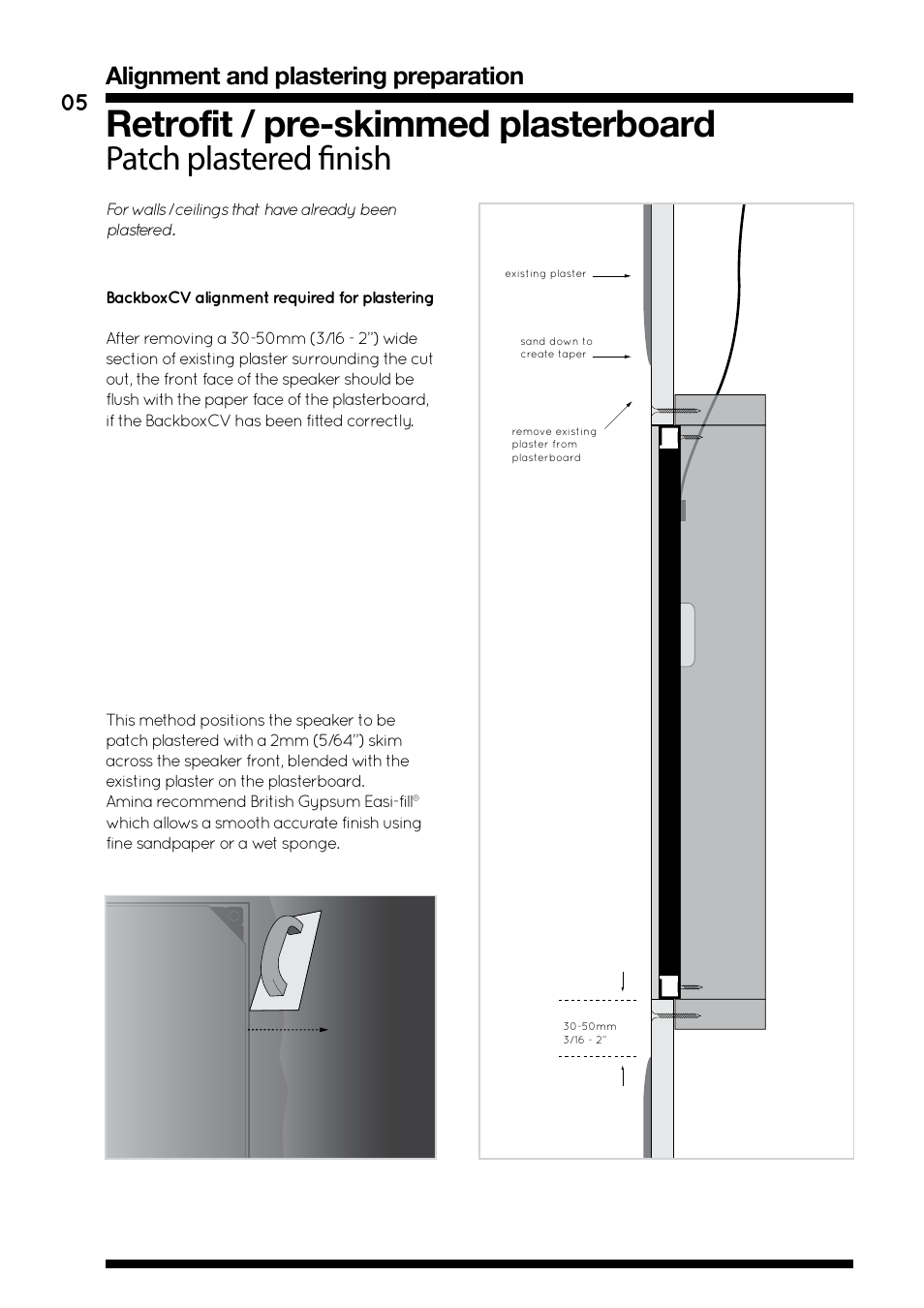 Retrofit / pre-skimmed plasterboard, Patch plastered finish, Alignment and plastering preparation | Amina BackboxCV345 V1.2 User Manual | Page 8 / 16